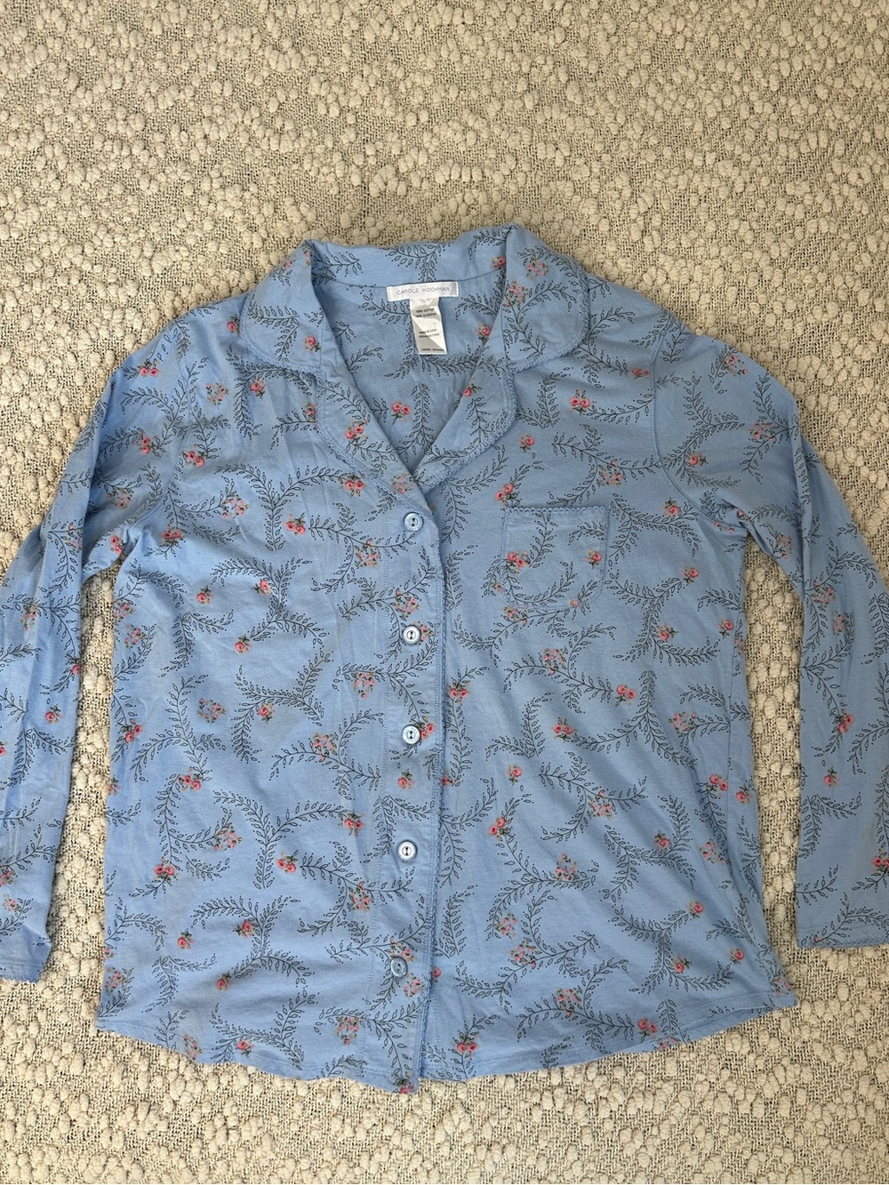Carole Hochman Pajama Top Blue Floral Cotton Long Sleeve Button Front Size L